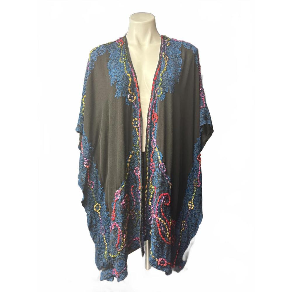 Vintage Raj Embroidered Black and Blue Women's Kimono Shawl Scarf